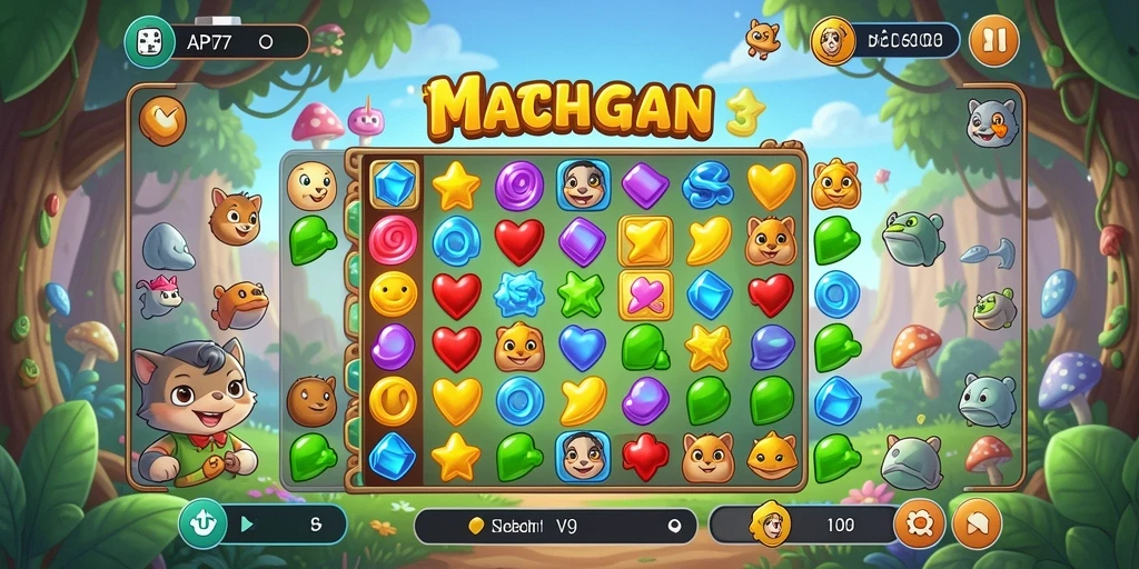 Screenshot menunjukkan gameplay seru dari API77 dengan elemen Match-3.