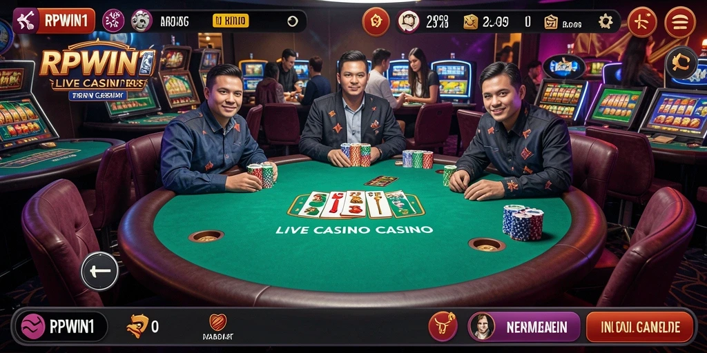 Screenshot RPWIN1 menampilkan dealer langsung dan suasana permainan Live Casino yang seru.