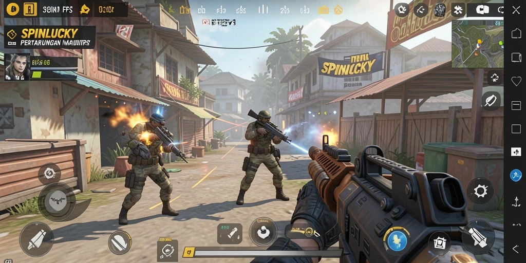Screenshot gameplay SPINLUCKY menampilkan aksi tembak-menembak yang intens.