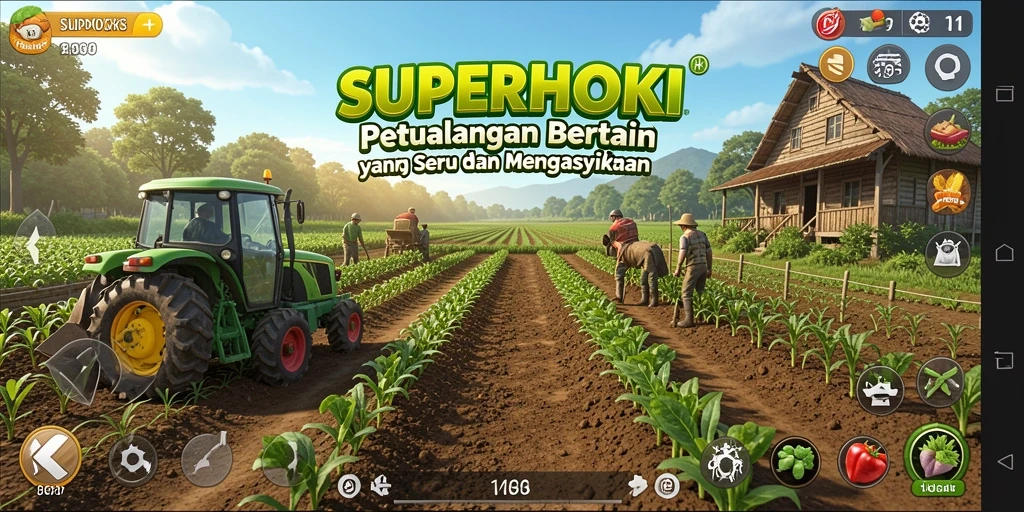 Tampilan gameplay SUPERHOKI yang menarik dengan ladang dan hewan ternak.